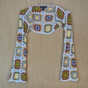 Forever 21 Women Crochet Granny Square Shrug Bolero Sweater Small Boho Festival